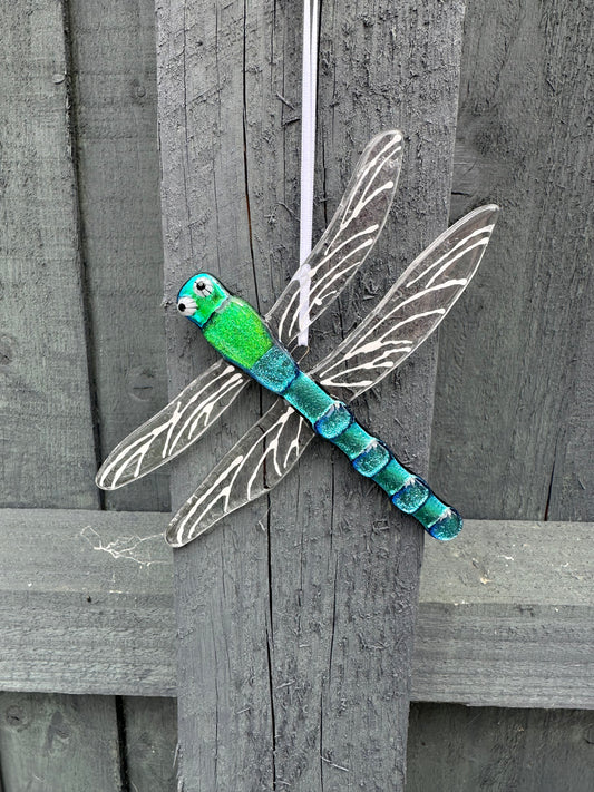 Fused Glass Dragonfly shiny Green & Blue