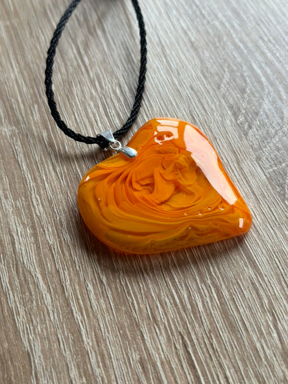 Fused Glass Swirling Orange Heart Pendant