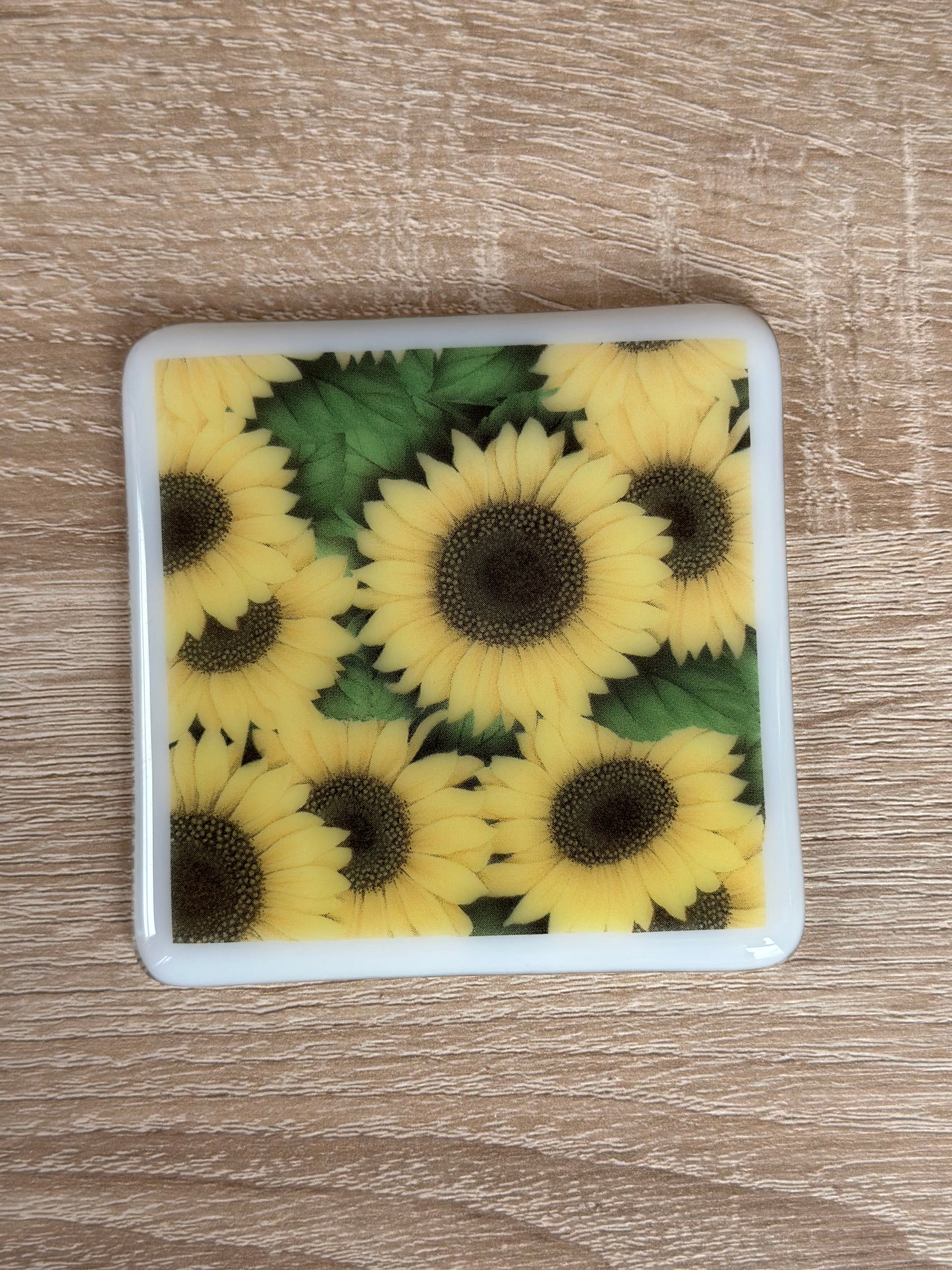 Fused Glass matching Sunflower Coaster & Card with hanging decoration gift set