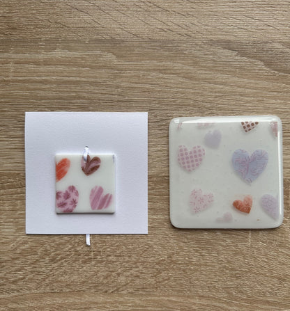 Fused Glass matching Love Heart Coaster & Card with hanging decoration gift set