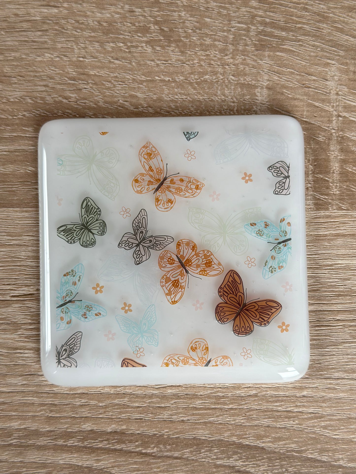 Fused Glass matching Butterflies Coaster & Card with hanging decoration gift set