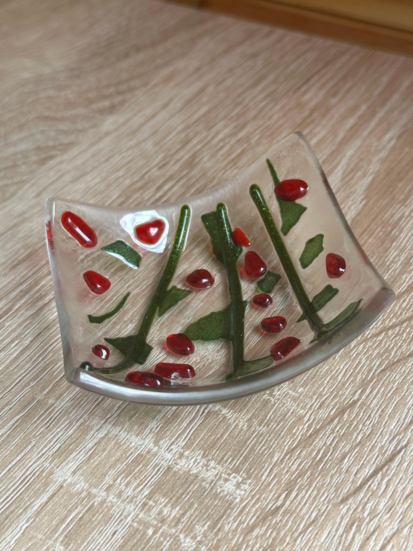 Fused Glass holly trinket dish