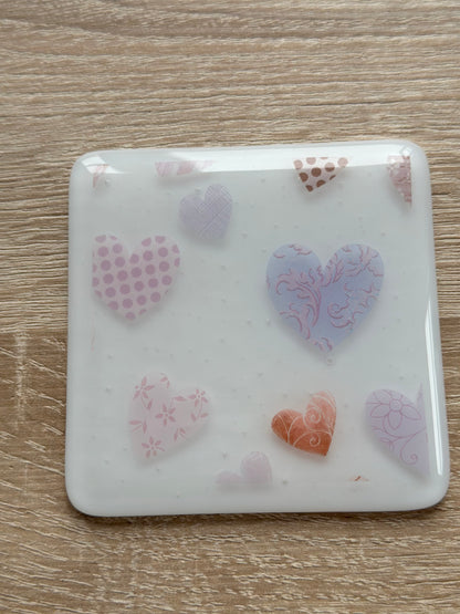 Fused Glass matching Love Heart Coaster & Card with hanging decoration gift set