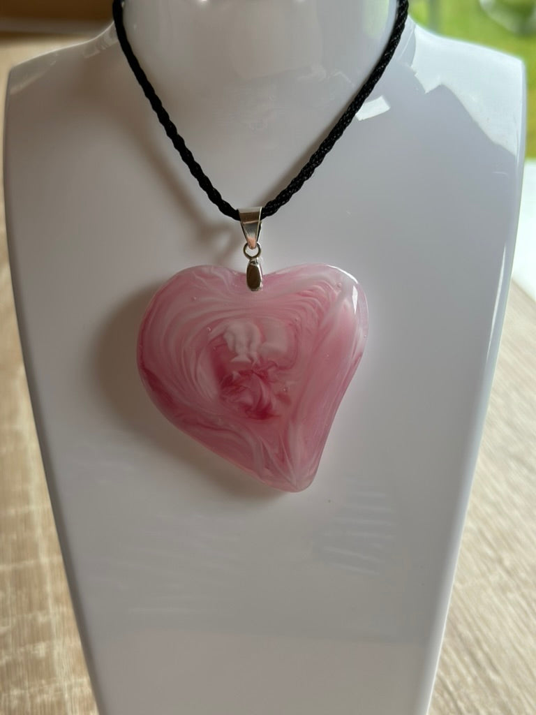 Fused Glass Swirling Pink Heart Pendant