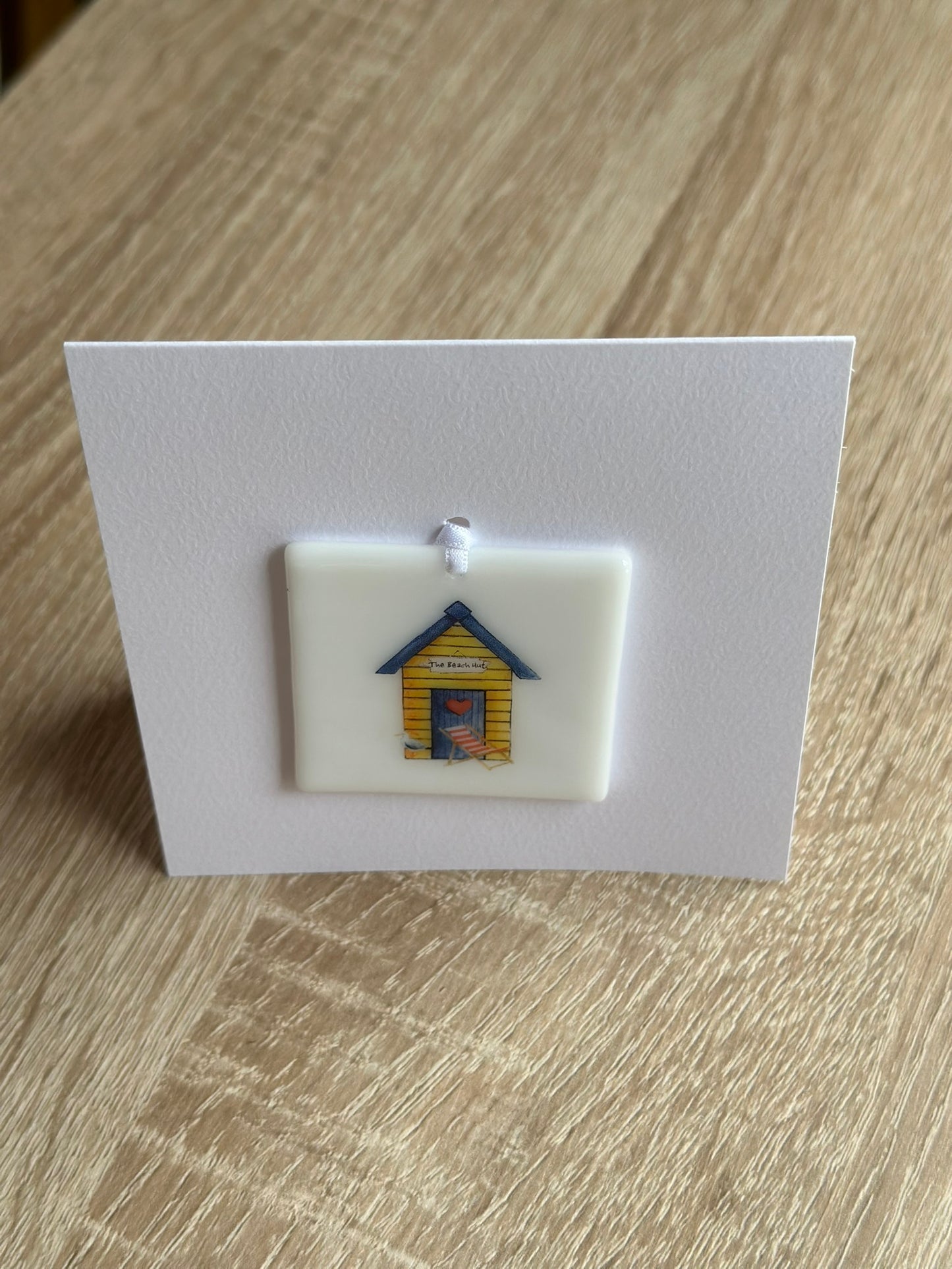 Fused Glass matching Beach Hut Coaster & Card with hanging decoration gift set