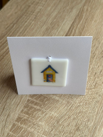 Fused Glass matching Beach Hut Coaster & Card with hanging decoration gift set