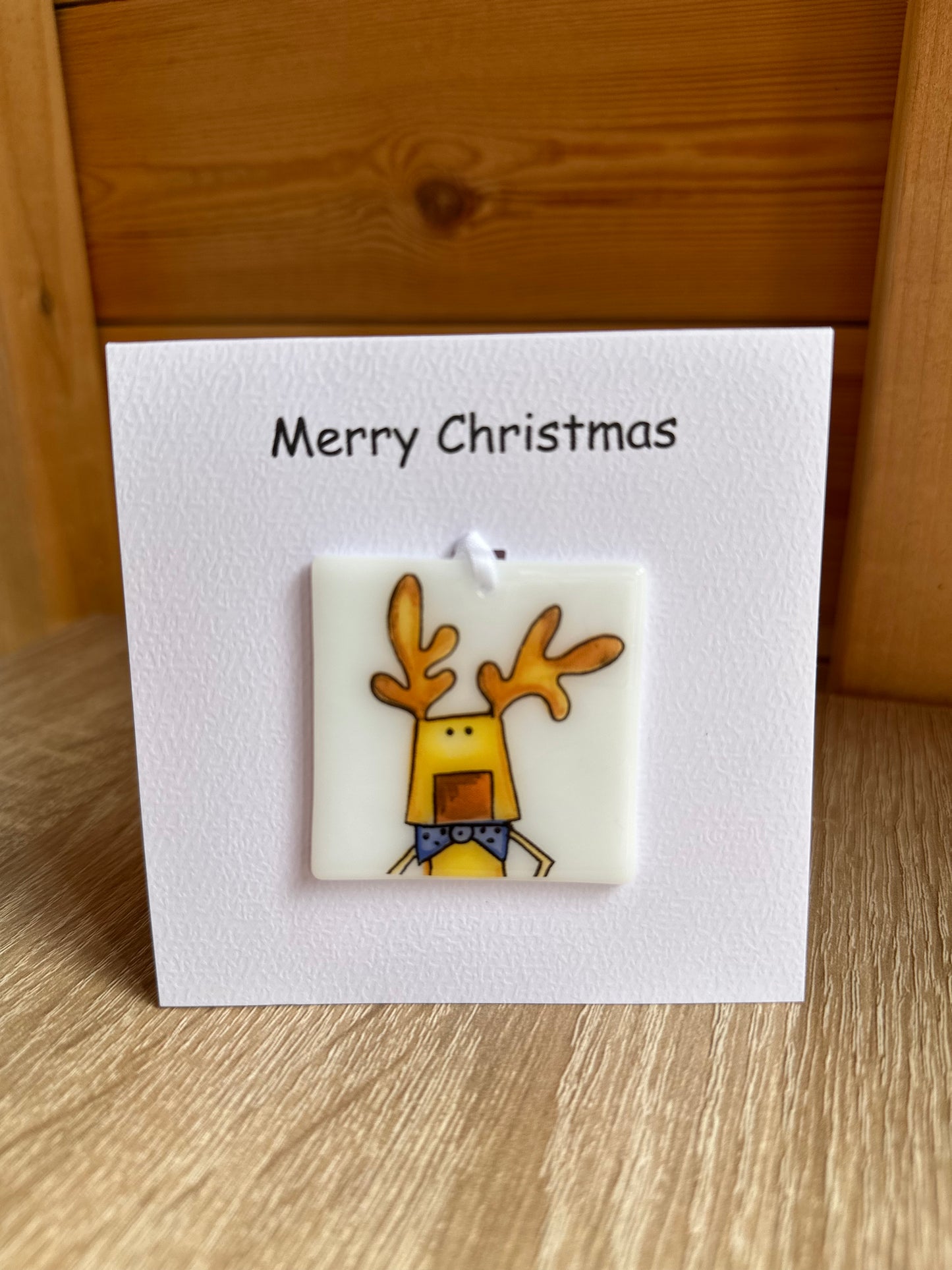 Christmas Card with a Fused Glass Hanging Decoration Gift Santa, Snowman, Robin & Rudolph