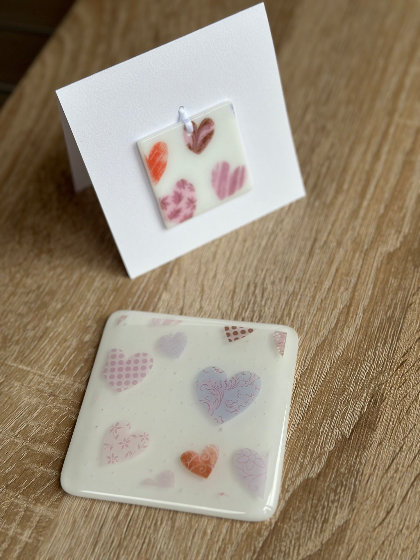 Fused Glass matching Love Heart Coaster & Card with hanging decoration gift set