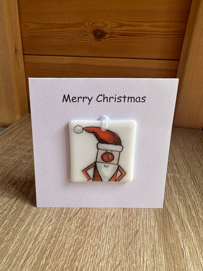 Christmas Card with a Fused Glass Hanging Decoration Gift Santa, Snowman, Robin & Rudolph