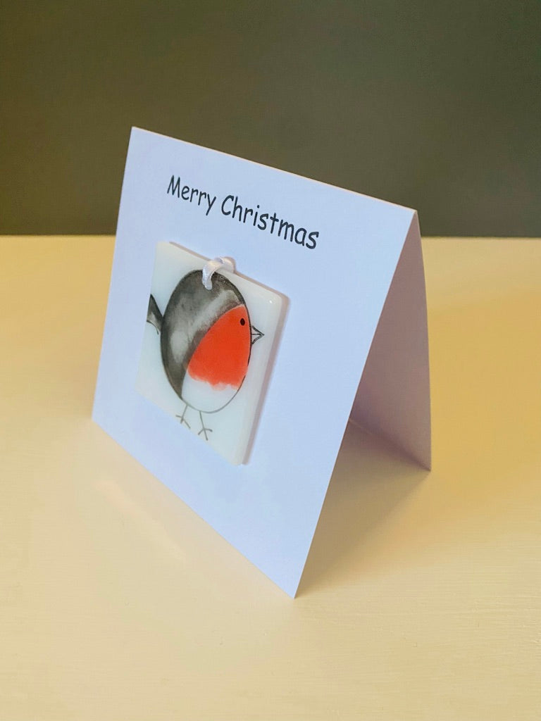 Christmas Card with a Fused Glass Hanging Decoration Gift Santa, Snowman, Robin & Rudolph