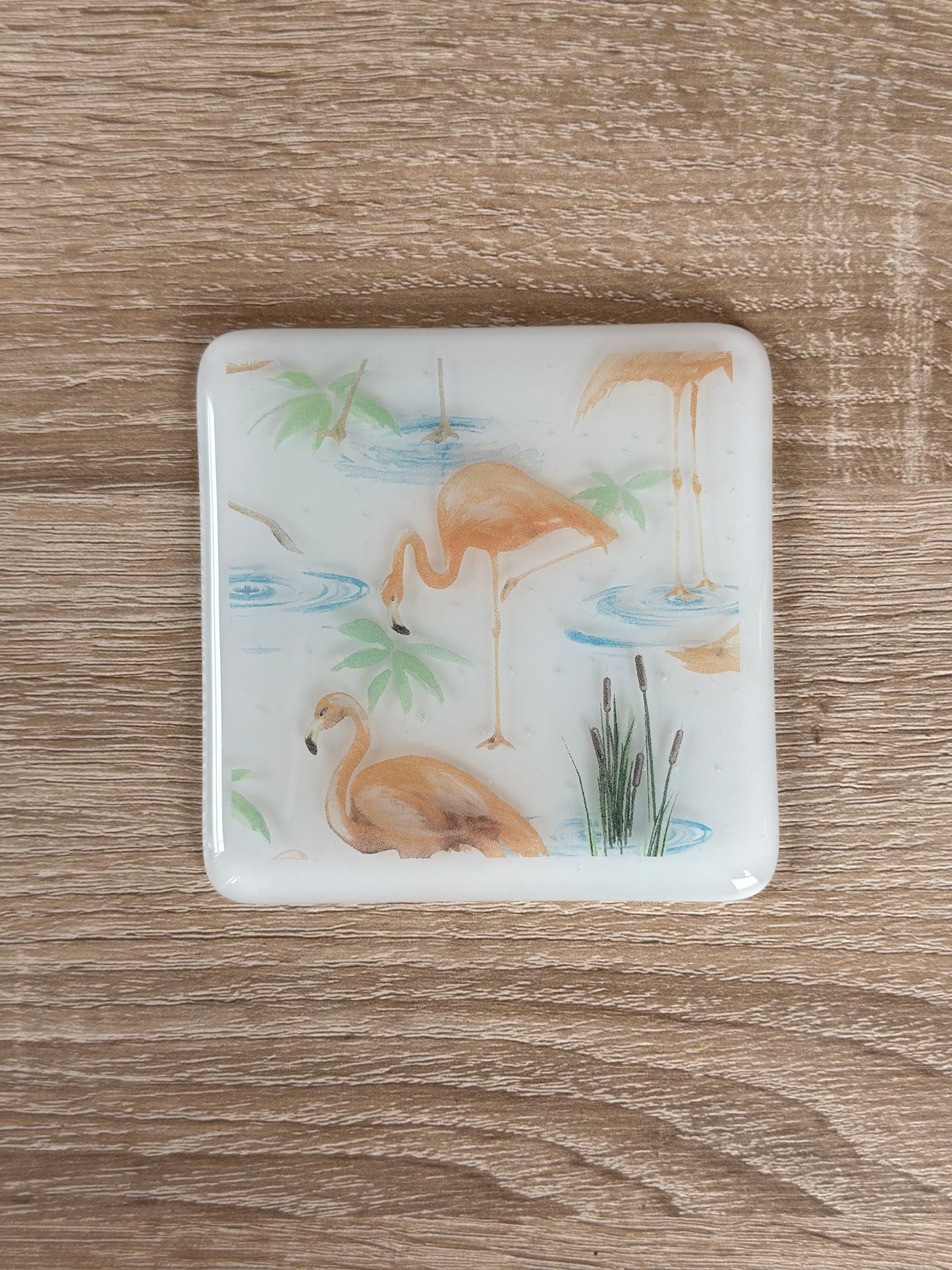 Fused Glass matching Flamingo Coaster & Card with hanging decoration gift set