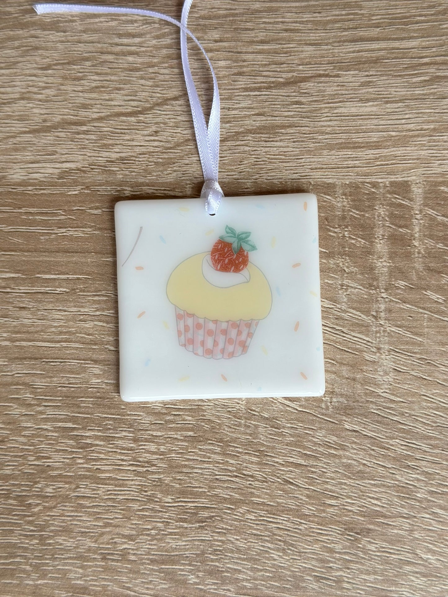 Fused Glass matching Cupcake Coaster & Card with hanging decoration gift set