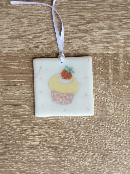 Fused Glass matching Cupcake Coaster & Card with hanging decoration gift set