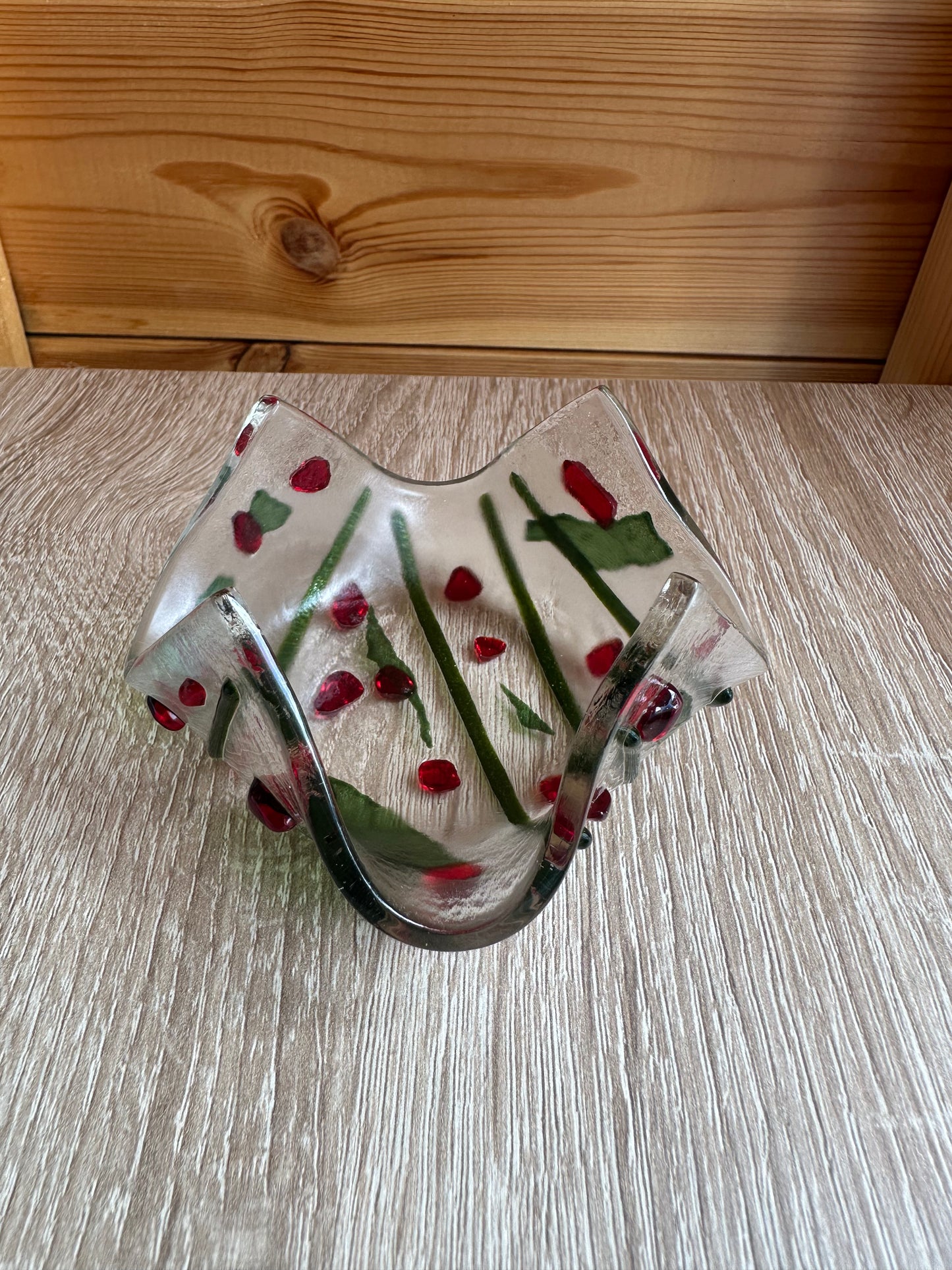 Fused Glass Tealight holder with a holly effect