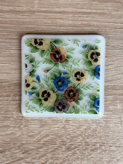 Fused Glass matching Pansy Coaster & Card with hanging decoration gift set