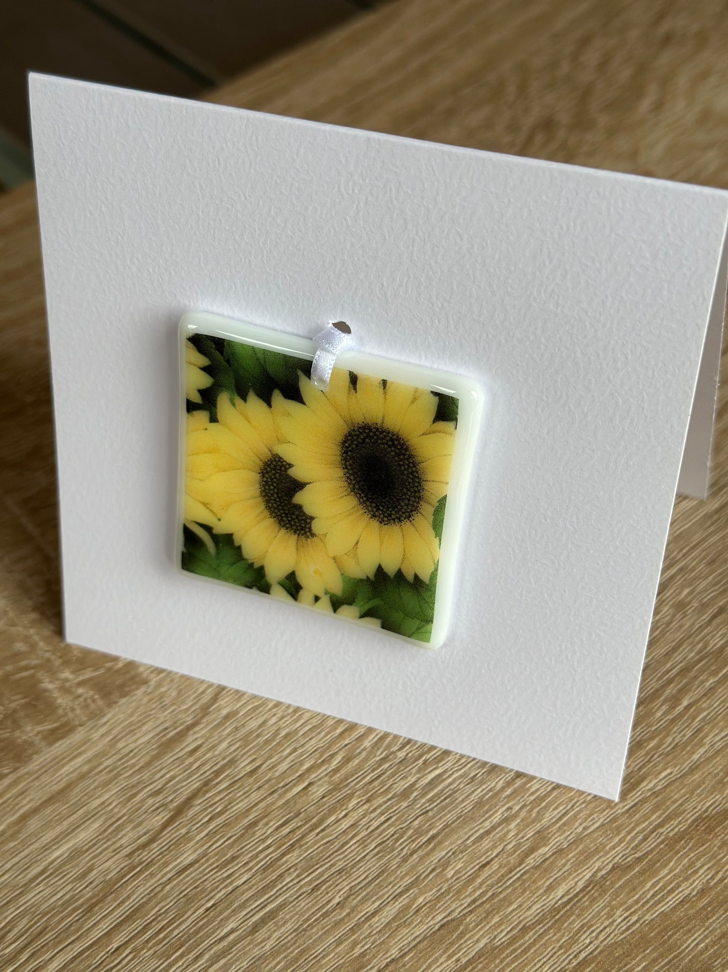 Fused Glass matching Sunflower Coaster & Card with hanging decoration gift set