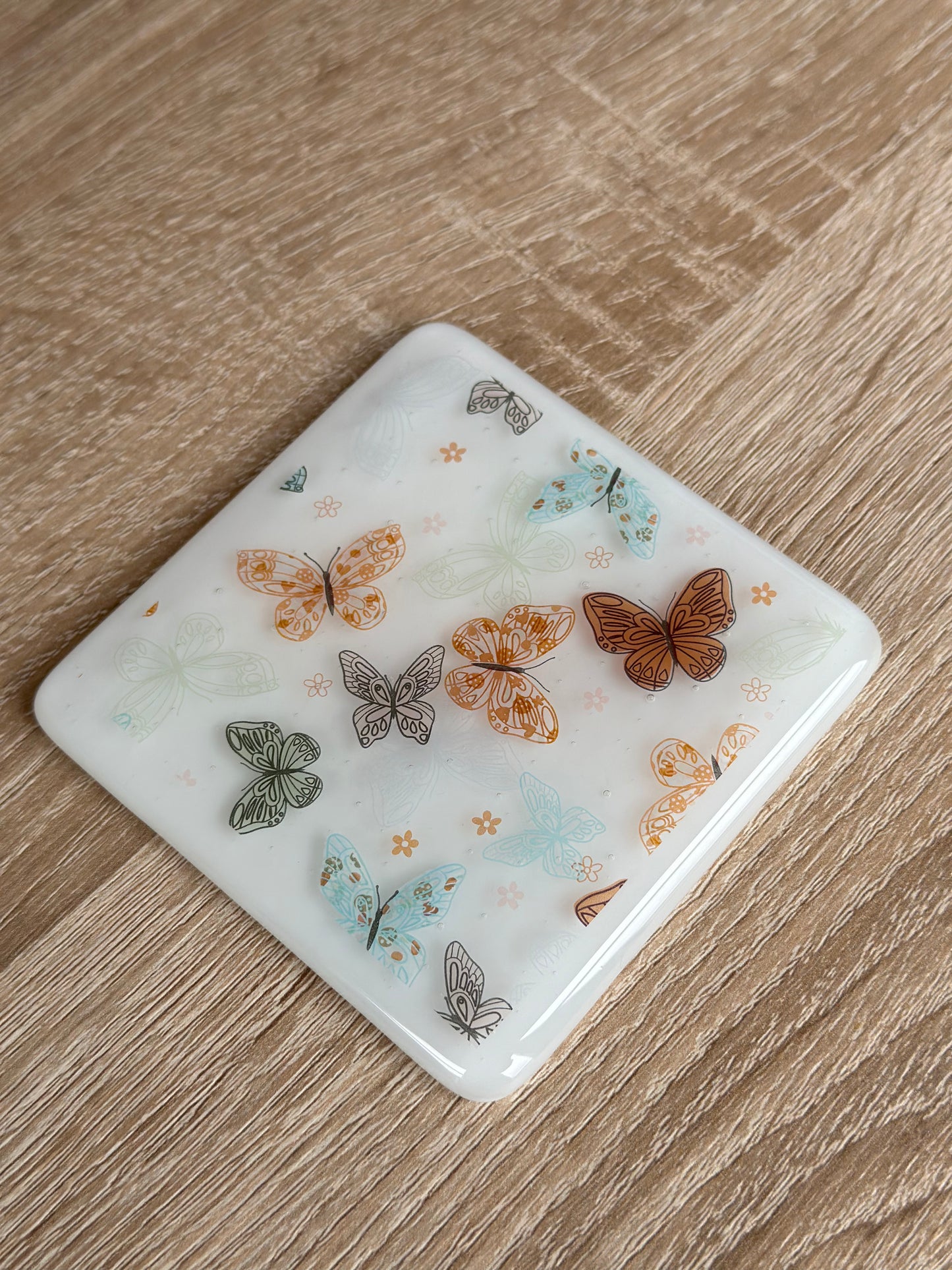 Fused Glass matching Butterflies Coaster & Card with hanging decoration gift set