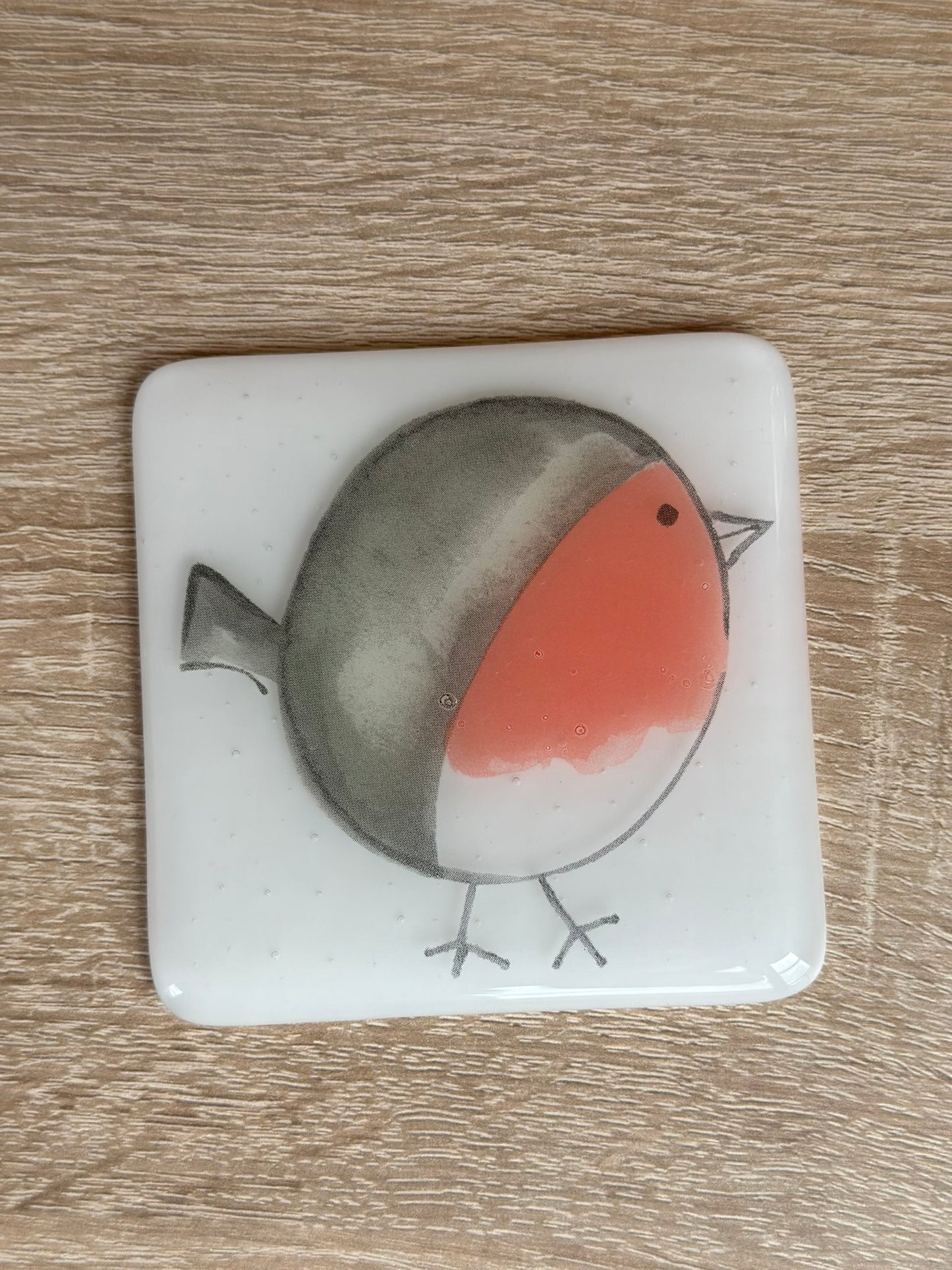 Fused Glass matching Robin Coaster & Card with hanging decoration gift set