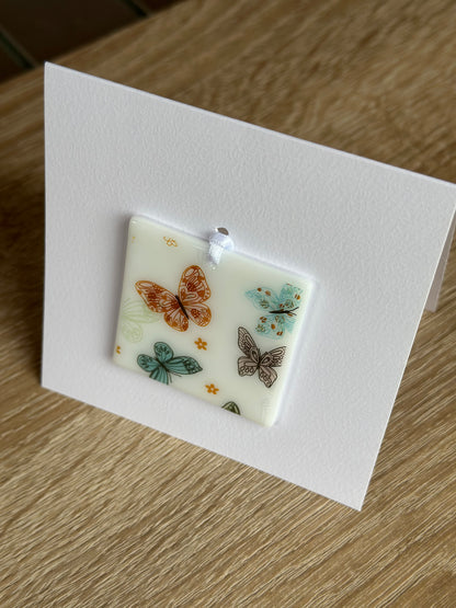 Fused Glass matching Butterflies Coaster & Card with hanging decoration gift set