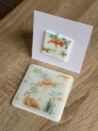 Fused Glass matching Flamingo Coaster & Card with hanging decoration gift set