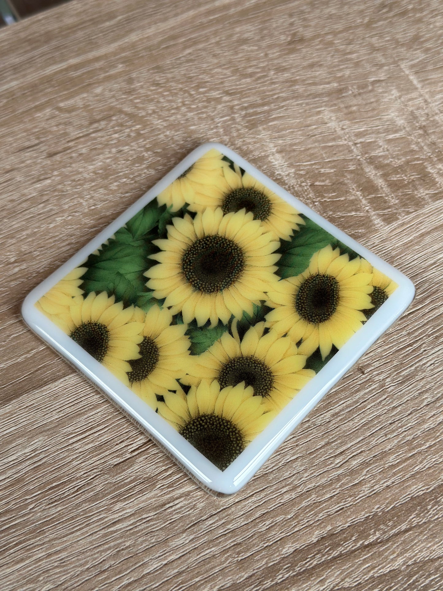 Fused Glass matching Sunflower Coaster & Card with hanging decoration gift set