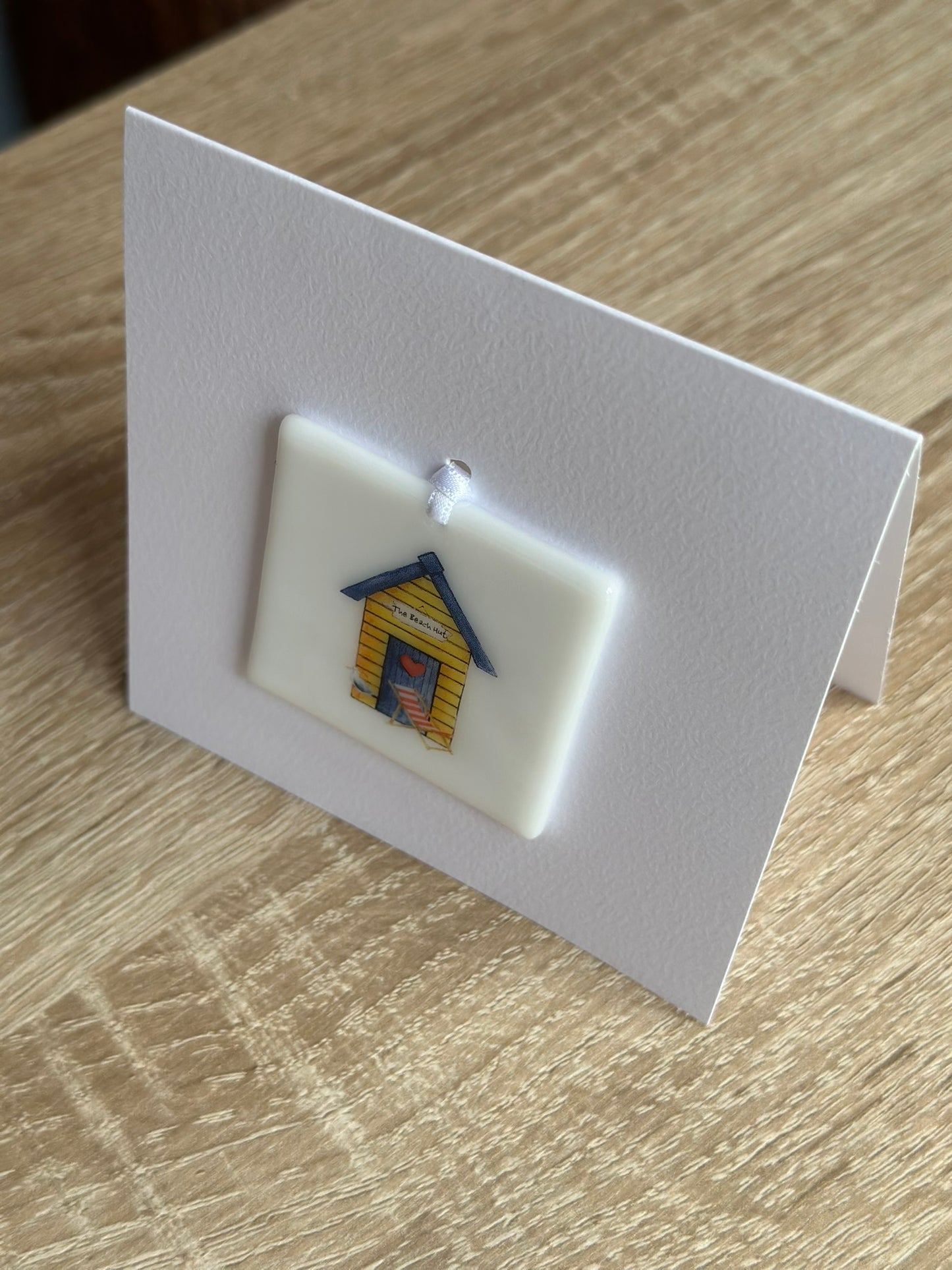 Fused Glass matching Beach Hut Coaster & Card with hanging decoration gift set