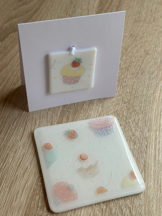 Fused Glass matching Cupcake Coaster & Card with hanging decoration gift set