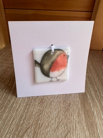 Christmas Card with a Fused Glass Hanging Decoration Gift Santa, Snowman, Robin & Rudolph