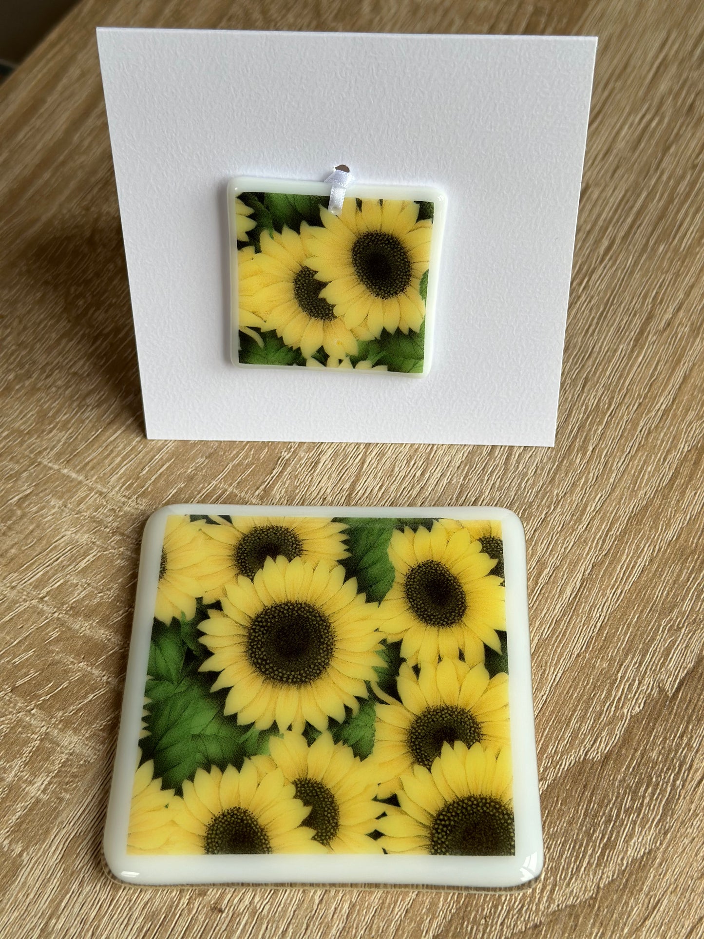 Fused Glass matching Sunflower Coaster & Card with hanging decoration gift set