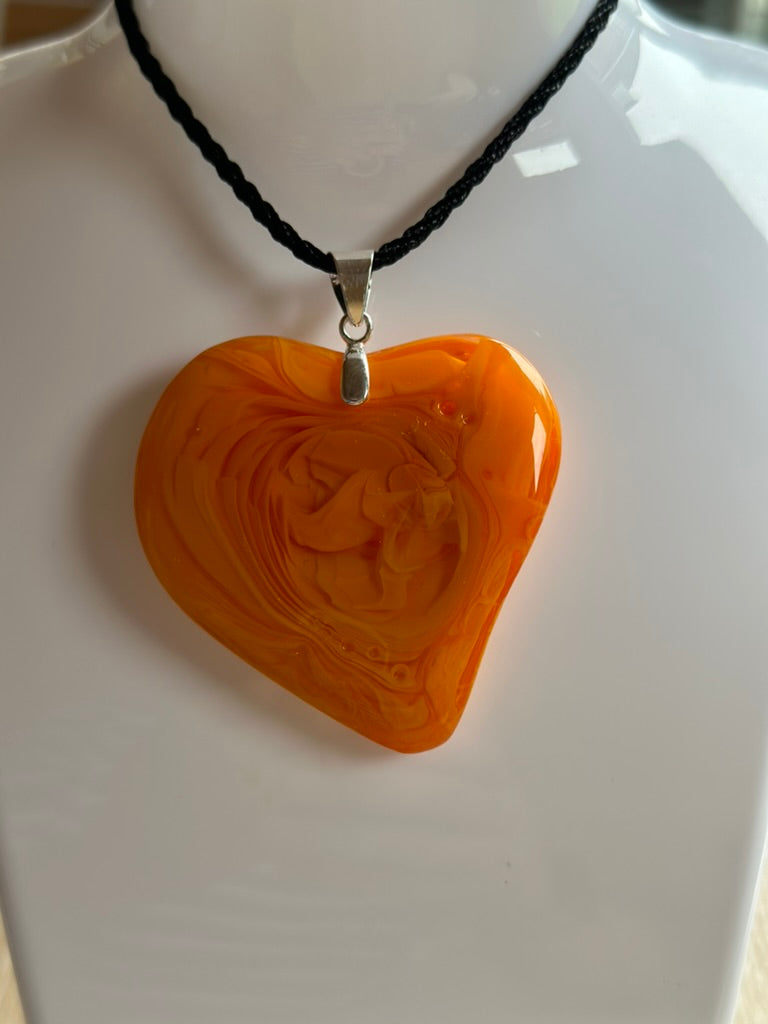 Fused Glass Swirling Orange Heart Pendant