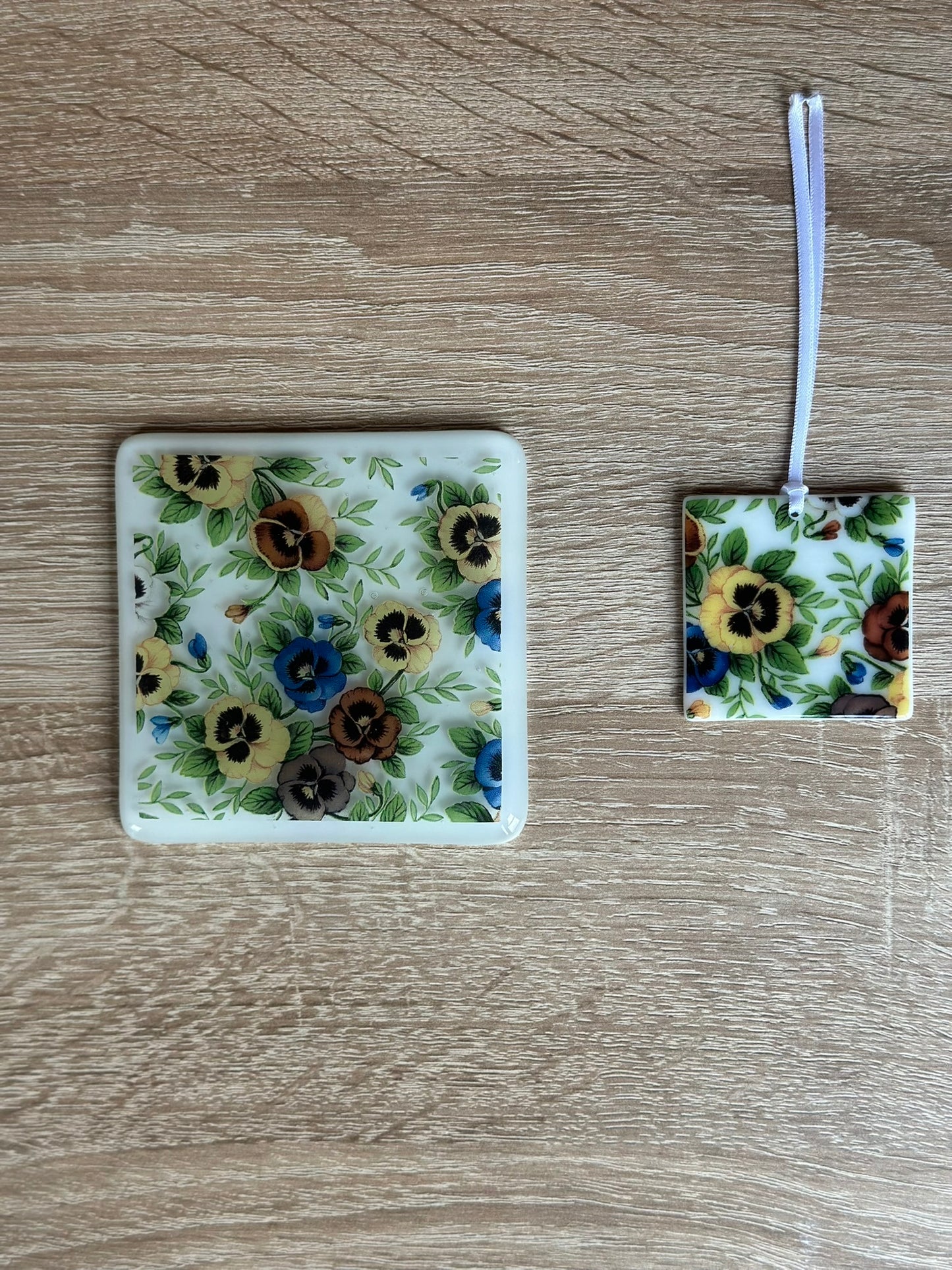 Fused Glass matching Pansy Coaster & Card with hanging decoration gift set