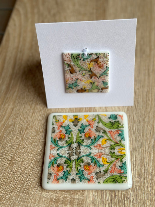 Fused Glass matching Vintage style Coaster & Card with hanging decoration gift set