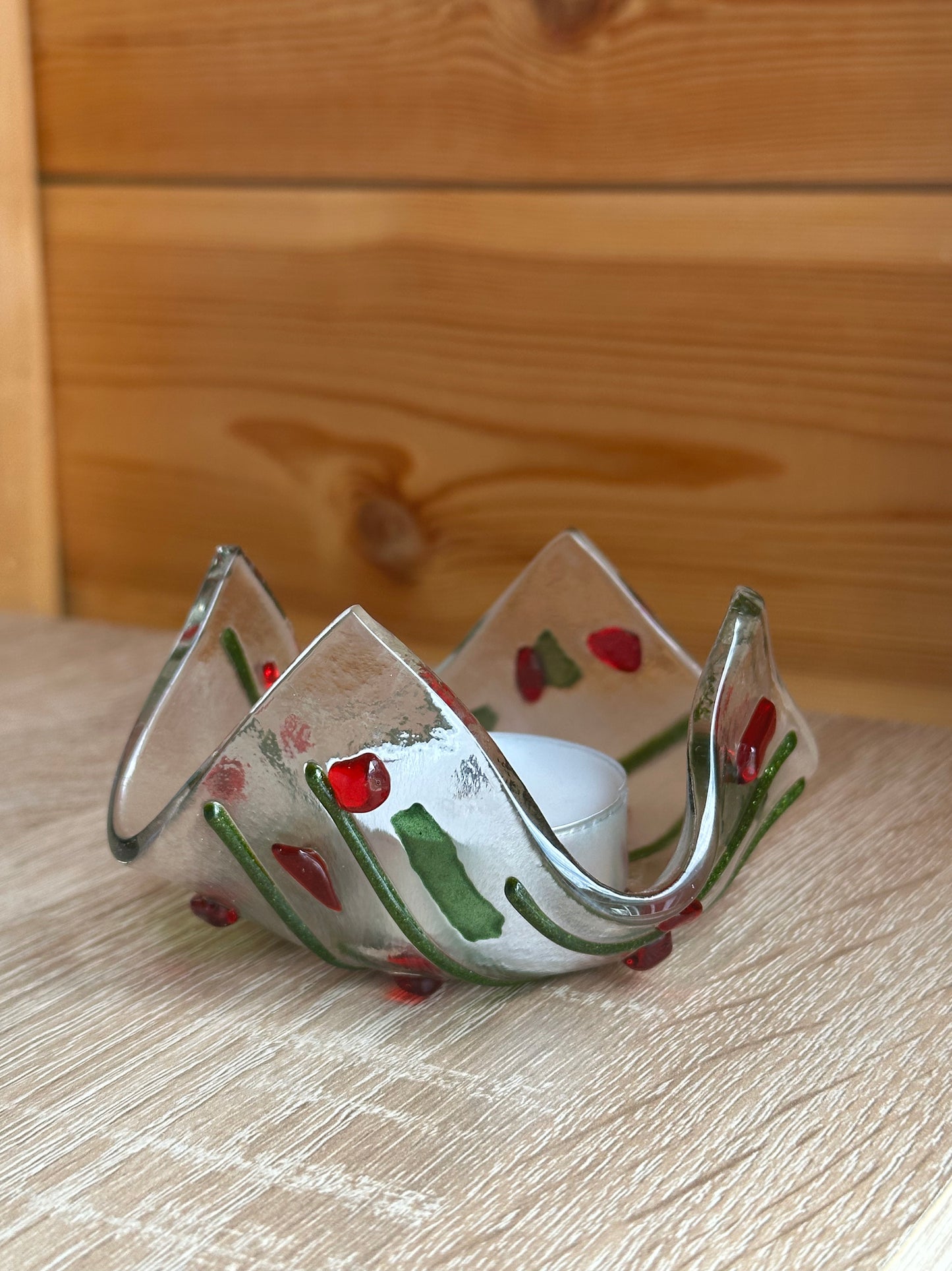 Fused Glass Tealight holder with a holly effect