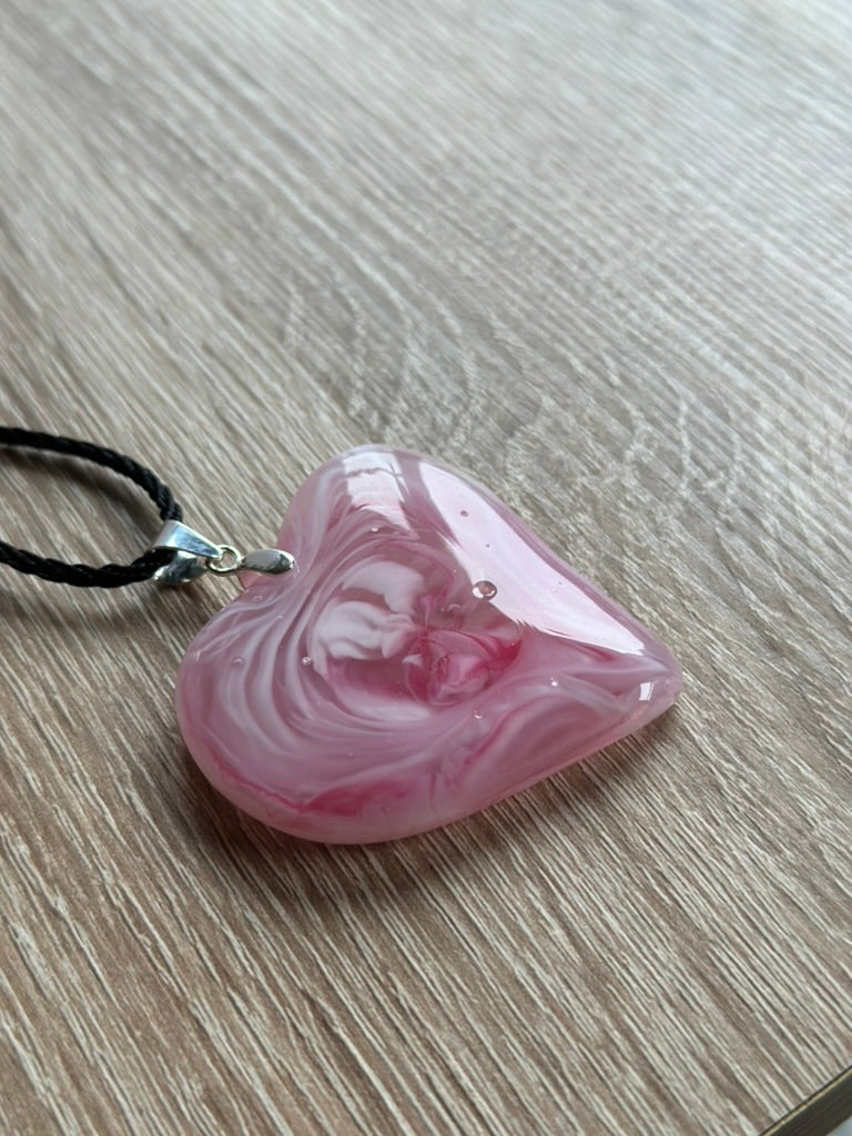 Fused Glass Swirling Pink Heart Pendant