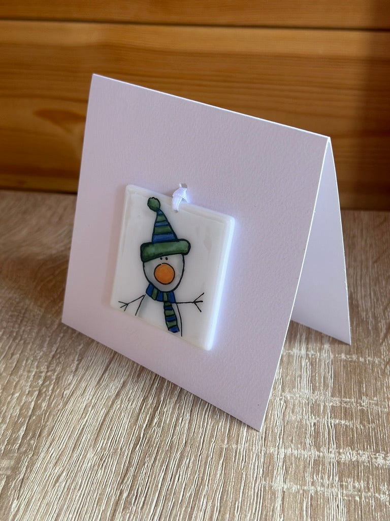 Christmas Card with a Fused Glass Hanging Decoration Gift Santa, Snowman, Robin & Rudolph