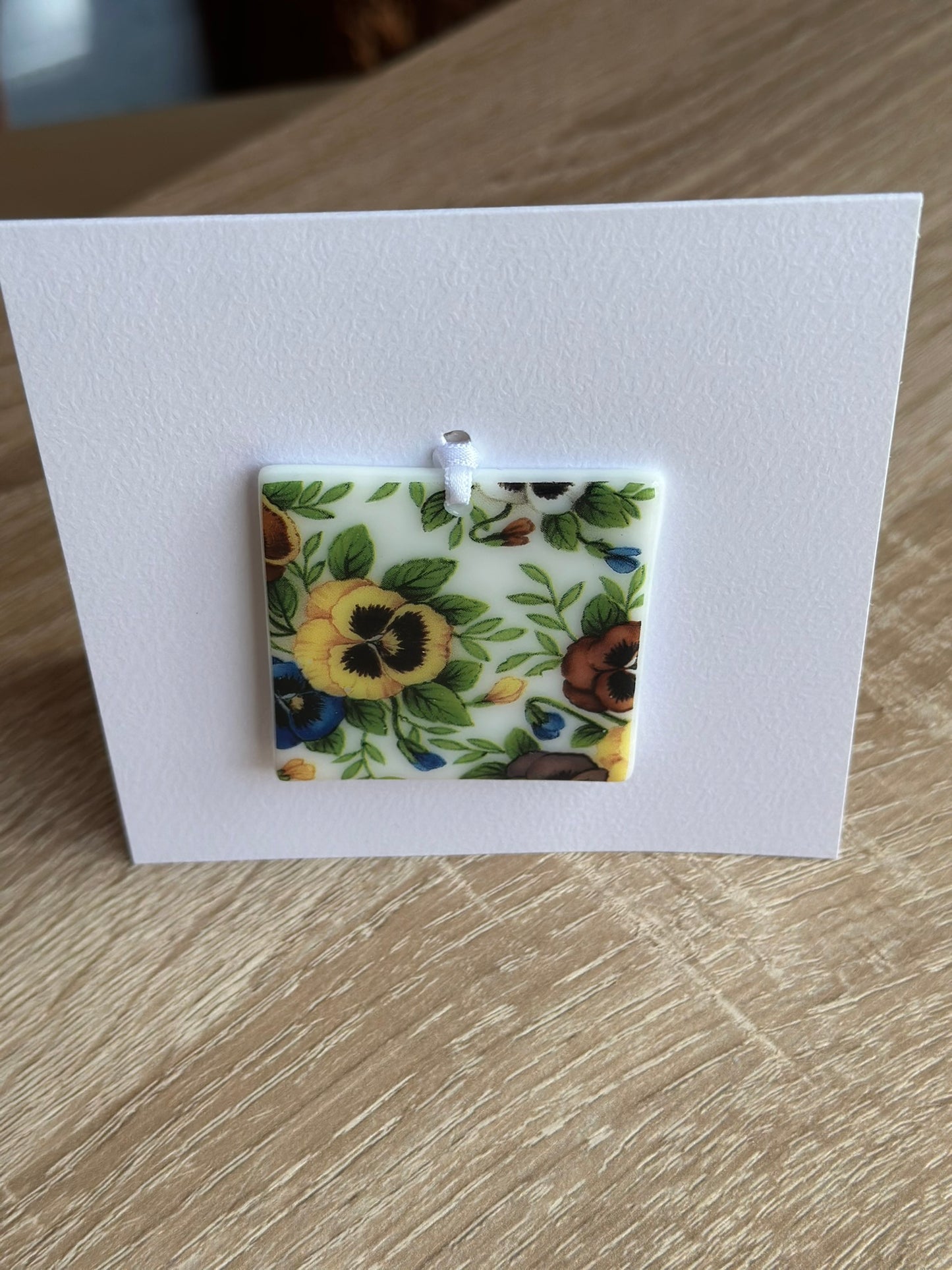 Fused Glass matching Pansy Coaster & Card with hanging decoration gift set