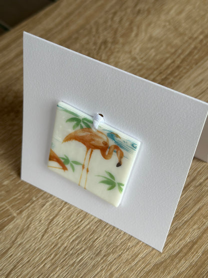 Fused Glass matching Flamingo Coaster & Card with hanging decoration gift set