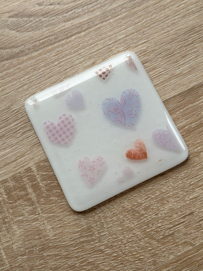 Fused Glass matching Love Heart Coaster & Card with hanging decoration gift set