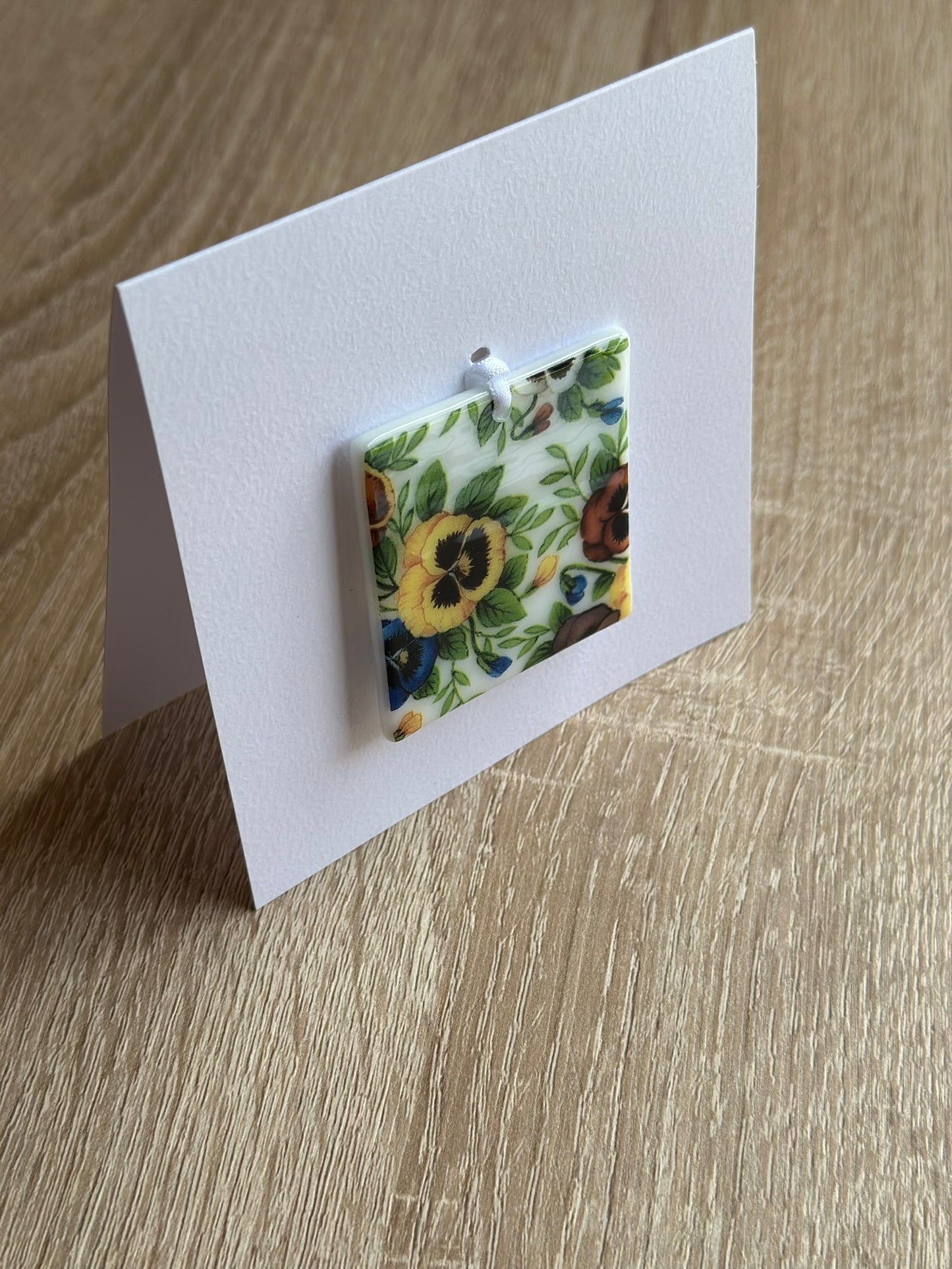 Fused Glass matching Pansy Coaster & Card with hanging decoration gift set