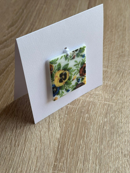 Fused Glass matching Pansy Coaster & Card with hanging decoration gift set