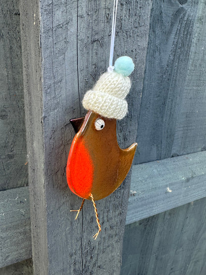 Fused Glass Robin with a hat