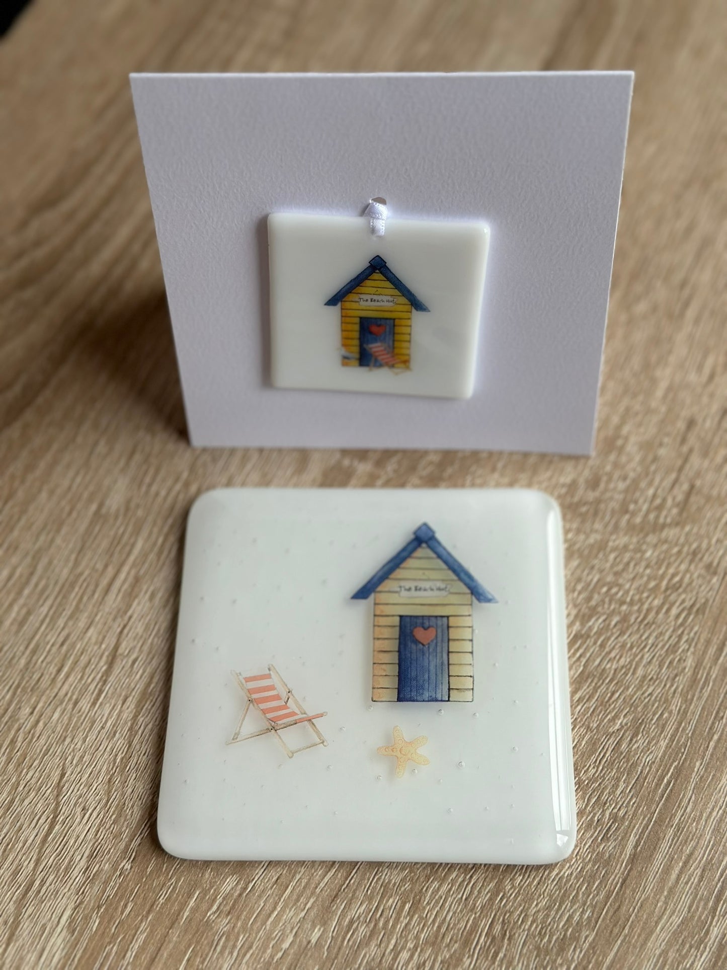 Fused Glass matching Beach Hut Coaster & Card with hanging decoration gift set