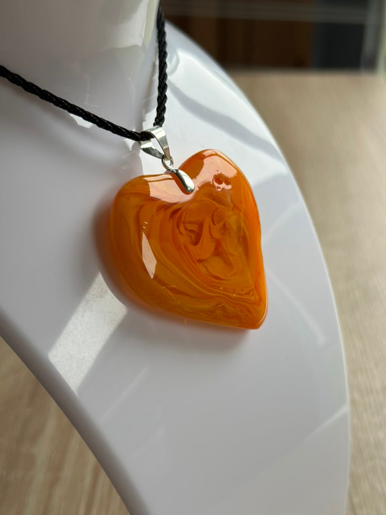 Fused Glass Swirling Orange Heart Pendant