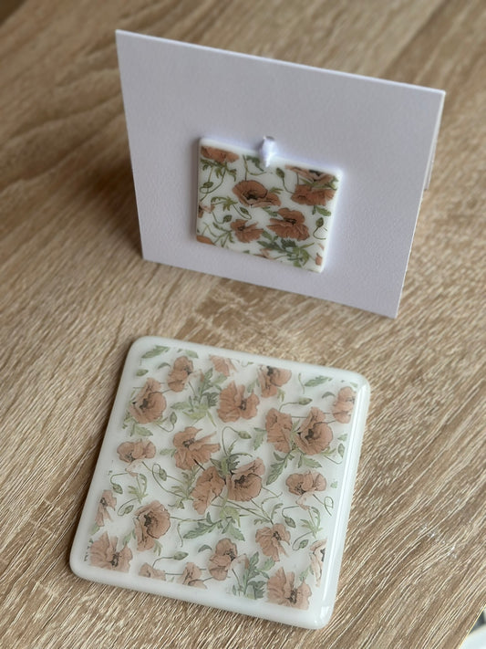 Fused Glass matching Poppy Coaster & Card with hanging decoration gift set