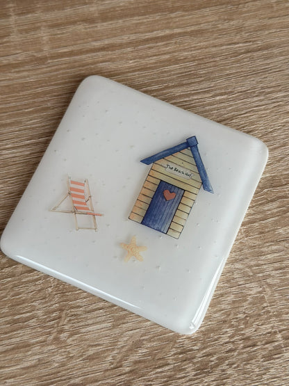 Fused Glass matching Beach Hut Coaster & Card with hanging decoration gift set