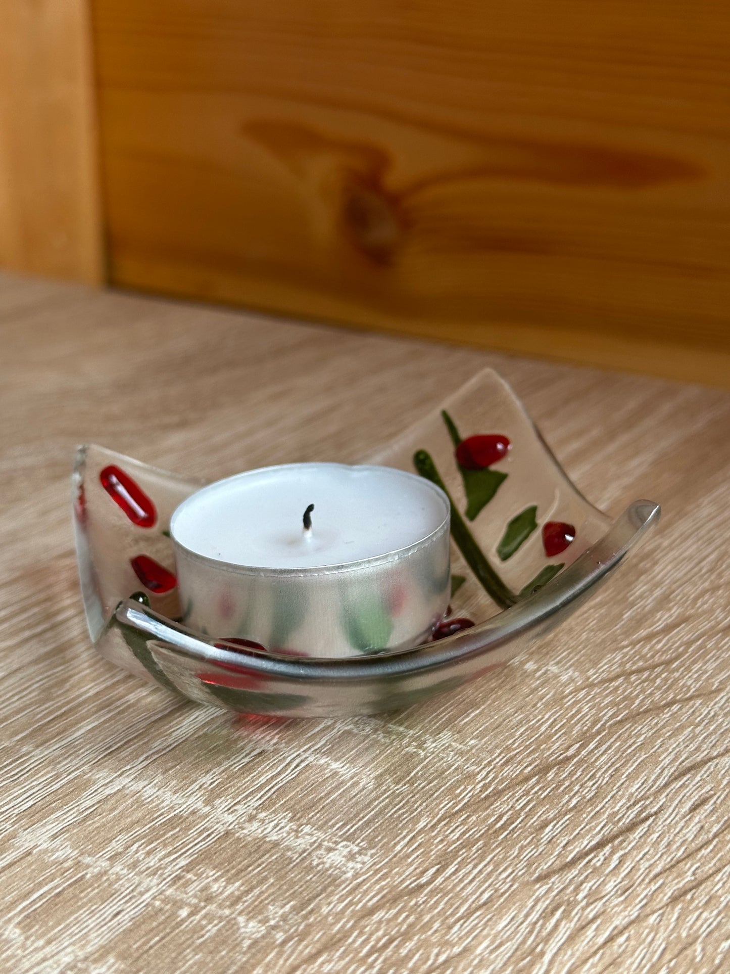 Fused Glass holly trinket dish