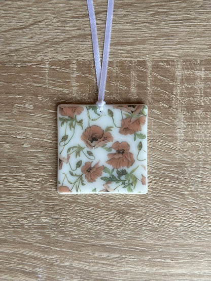 Fused Glass matching Poppy Coaster & Card with hanging decoration gift set