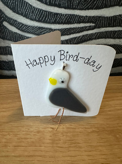 Happy Bird-Day Card with hanging fused glass Seagull