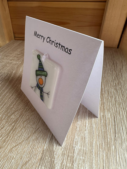 Christmas Card with a Fused Glass Hanging Decoration Gift Santa, Snowman, Robin & Rudolph