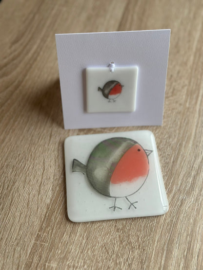 Fused Glass matching Robin Coaster & Card with hanging decoration gift set